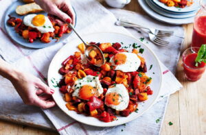 Sunshine eggs with chorizo and potato hash recipe